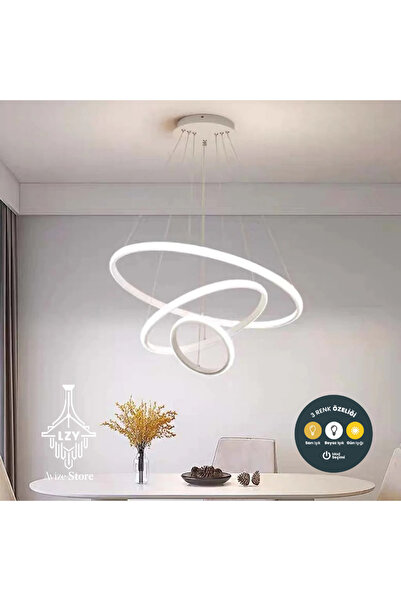 Lzy Avize Store Olympus Beyaz 3 Halkalı Modern Sarkıt LED Avize Kumandalı 3 R...