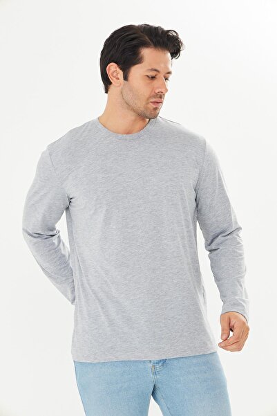 TRENDHİLL Ανδρικό μπλουζάκι με μακρύ μανίκι από βαμβακερό λαιμόκοψη μεγάλου μεγέθους γκρι μελανζέ 5020B-G