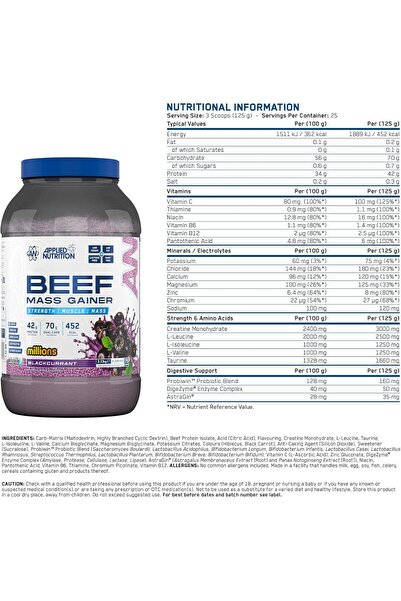 applied nutrition Beef Mass Gainer, Millions Blackcurant, 3 Kg, 42 g Protein
