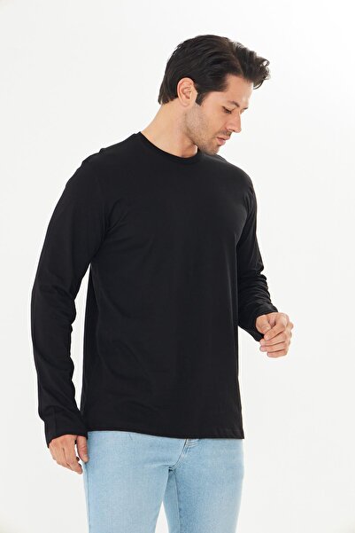 TRENDHİLL Ανδρικό μπλουζάκι με μακρύ μανίκι από βαμβακερό λαιμόκοψη μεγάλου μεγέθους μαύρο 5020B-S