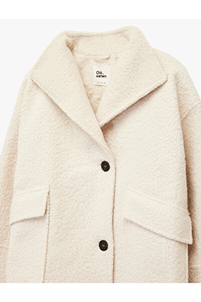 Koton Long Sleeve Double-Breasted Collar Buttoned Pocket Boucle Coat