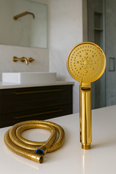 SUVİA Gold El Duşu Seti – Altın Renk Lüks Duş Başlığı ve Spiral Hortum – Yüksek Basınçlı, Paslanmaz