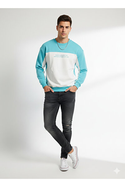ribana Men's Crew Neck Double Yarn B Printed Cotton Inside Sweatshirt