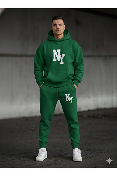 NİCE Σετ αθλητικής φόρμας Three Thread Compact με κουκούλα Cotton Inside NY NewYork B με τύπωμα Premium O oversized