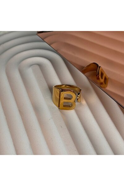 GÜLNAR BİJUTERİ Letter Adjustable Gold Color Steel Ring
