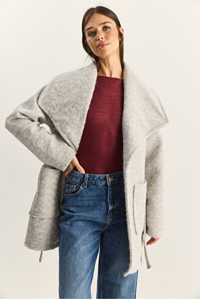 Bianco Lucci Women's Double-Breasted Collar Lined Belted Wrinkled Cashmere Coat 99002 60283566