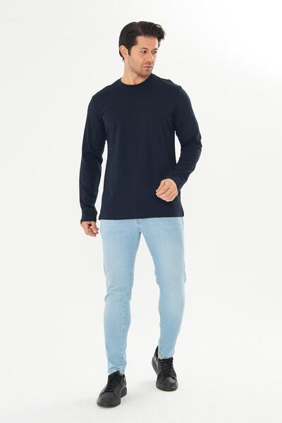 TRENDHİLL Чоловіча бавовняна футболка з довгими рукавами та круглим вирізом, темно-синя 5020B-L