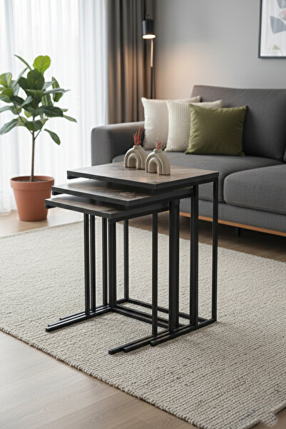 Vina Dekor 3'lü Zigon Sehpa Yan Sehpa Siyah Metal Ayak Mermer Desen