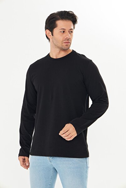 TRENDHİLL Ανδρικό μπλουζάκι με μακρύ μανίκι από βαμβακερό λαιμόκοψη μεγάλου μεγέθους μαύρο 5020B-S