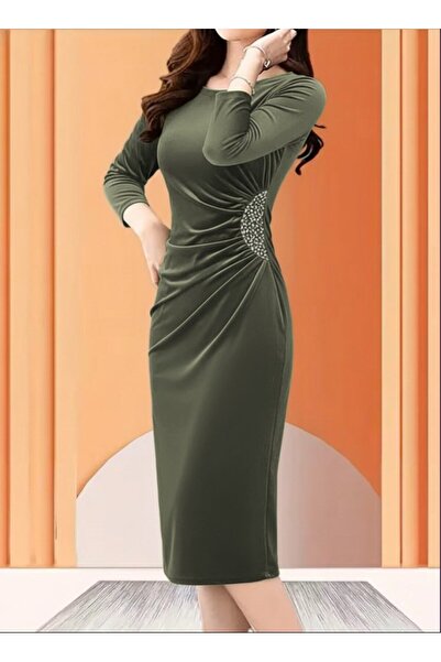 JANES Γυναικείο μακρυμάνικο φόρεμα με πέτο και πέτρινη λεπτομέρεια στο πλάι, μίντι βελούδινο φόρεμα