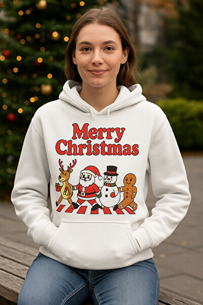 ocke Merry Christmas New Year Themed Printed White Hooded Women Hoodie