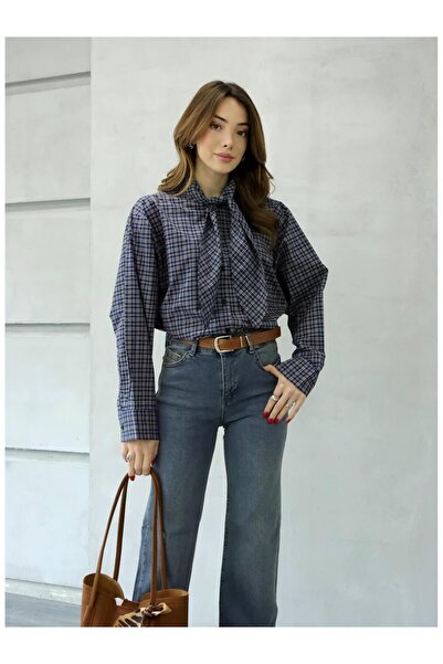 Coral Yakası Geniş Bağlamalı Ekose Gömlek 0743 Lacivert