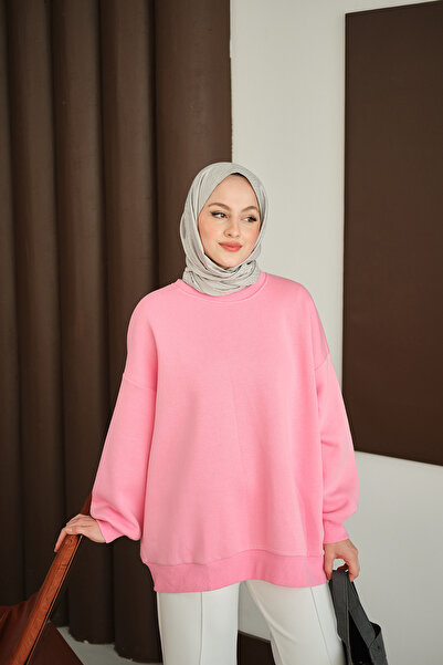 LOCCO Γυναικείο πουλόβερ με λαιμόκοψη σε ροζ χρώμα