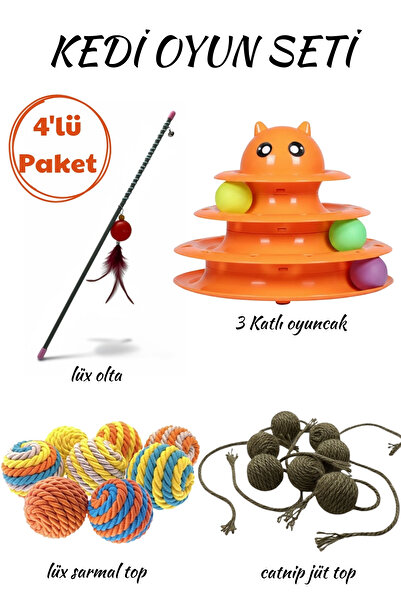 PETCIGO Cat Play Set 4 Pieces | 3-Layer Toy, Luxury Fishing Rod, Catnip Jute Ball, Coiled Ball Entertainment Set