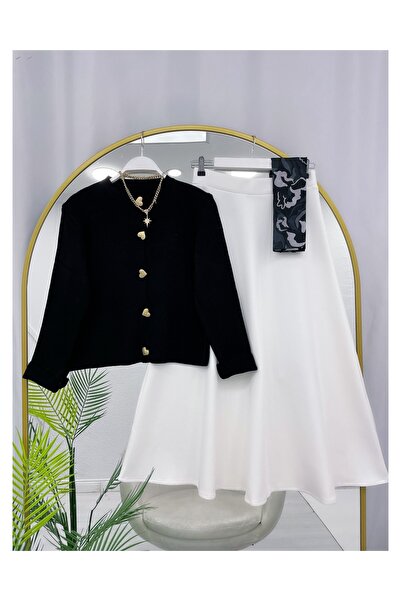 YEDİLALE Heart Buttoned Knitwear Cardigan Flawed Skirt Double Set [Cardigan Std Size, Skirt Size Included]