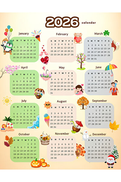 Rana İkra Art 2026 Renkli Karışık Temalı Takvim (PVC KAPLI)(A3)(İNGİLİZCE)