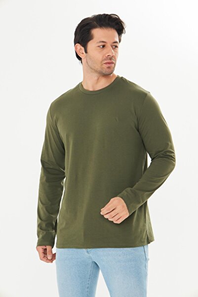 TRENDHİLL Ανδρικό μπλουζάκι με μακρύ μανίκι από βαμβακερό λαιμόκοψη χακί 5020B-H