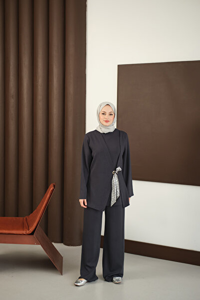 LOCCO Γυναικείο Σετ Κασκόλ με Λεπτομέρεια Φουλάρι Καπνιστό