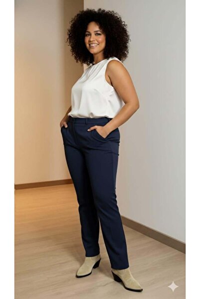 RMG Paça Slit Large Size Gabardine Trousers Navy Blue