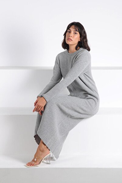 Ferraro Γκρι μακρυμάνικο γυναικείο πλεκτό φόρεμα από κασμίρι άνοιγμα