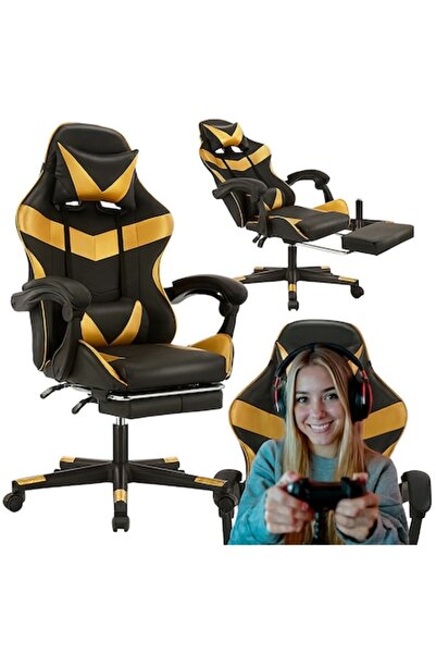 Optim Solution Scaun de birou ergonomic pentru gaming cu suport pentru picioare, reglabil pe înălțime și spătar, perne, 150 kg, galben