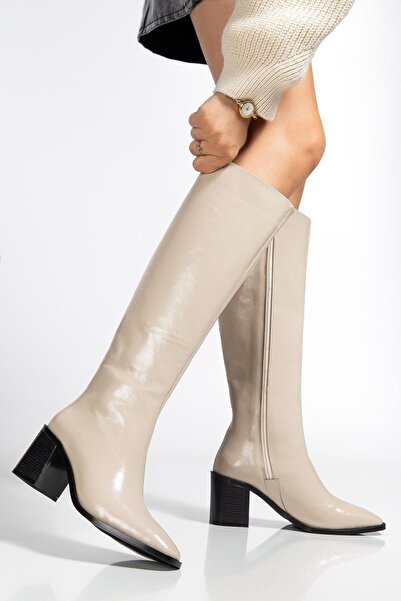 Dilimler Ayakkabı Γυναικείες μπότες με τακούνι μπεζ λουστρίνι με φερμουάρ και χοντρή μύτη