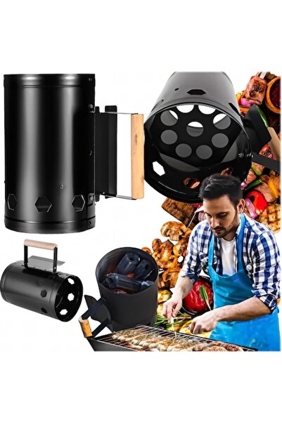 Optim Solution Charcoal Starter Cylinder for Grill and Stove, Galvanized Steel, Vent Holes, Wooden Handle, 27.5 x 1