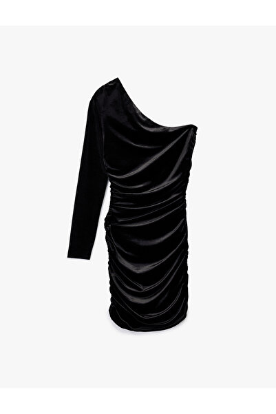 Koton Tek Omuz Uzun Kollu Bodycon Kadife Mini Abiye Elbise