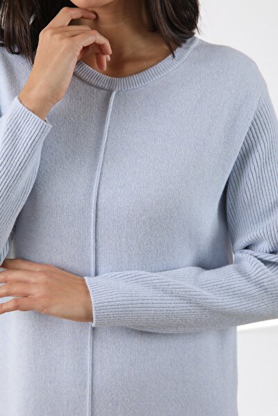 Ferraro Rochie de tricotat pentru femei Blue Yandan cu fantă Midi Size guler rotund Cașmir