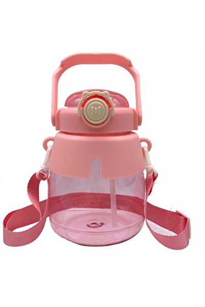 Optim Solution Sticlă cu pai pentru copii, 1 l, cu autocolante, curea reglabilă, plastic rezistent - roz
