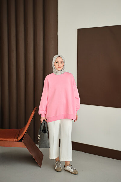 LOCCO Γυναικείο πουλόβερ με λαιμόκοψη σε ροζ χρώμα