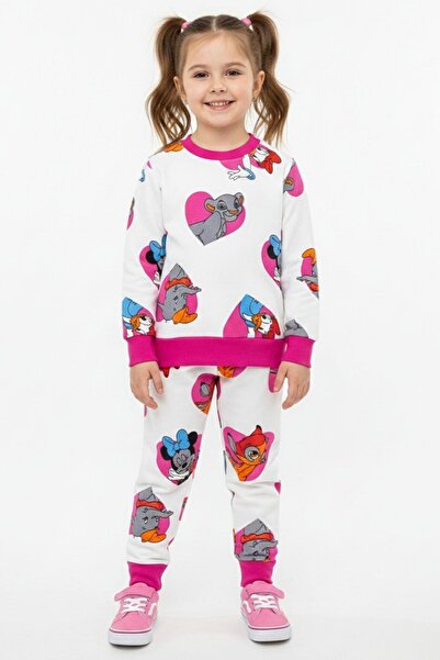 NEWKİDS Colorful Figure Printed 3 Thread Ş Fleece-Lined Thick Winter Girl's Suit