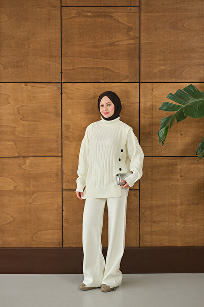 LOCCO Set de tricotaje cu nasturi pentru femei Ecru