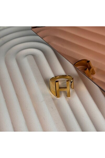 GÜLNAR BİJUTERİ Letter Adjustable Gold Color Steel Ring