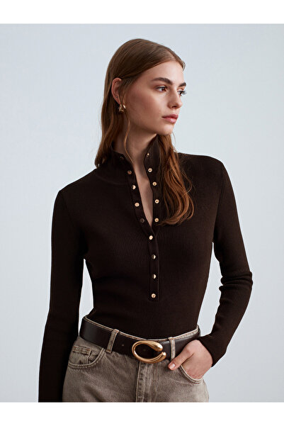 Dilvin 10686 Πλεκτό πουλόβερ με ψηλός λαιμός κουμπώματα-Μεσαίο καφέ