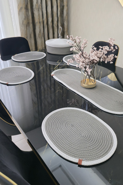 KAAN HOME 6-Piece Supla Bread Basket Set with 1 Runner and 1 Lid with Handle, Gray and White Color Patterned Presentation Basket