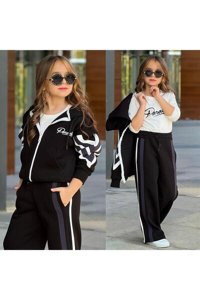 RAPAPA Girl's 3-Piece Fleece-Lined Tracksuit Set – Zippered Top + T-Shirt + Wide Leg Bottom 43138S
