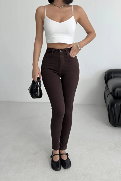 Coşkun GİYİM Women's High Waist Ankle Length Skinny Jeans Brown 815-78