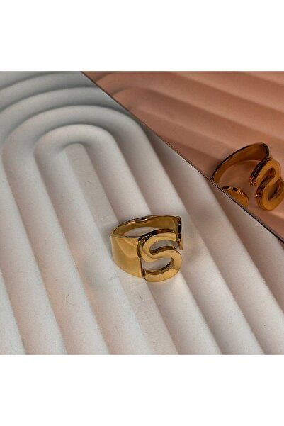 GÜLNAR BİJUTERİ Letter Adjustable Gold Color Steel Ring