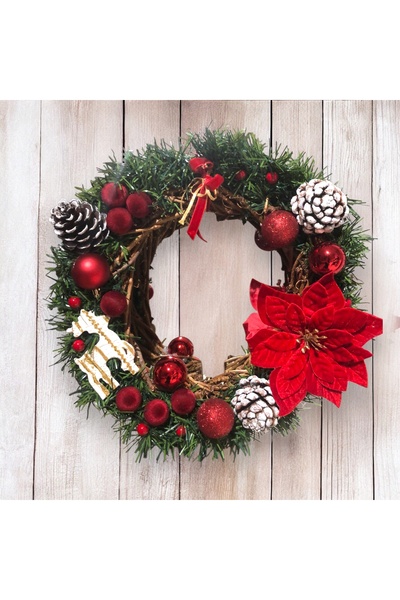 Home El Emeği Yılbaşı Kapı Süsü 30x30cm – Kırmızı Kadife Çiçekli , Altın Süslemeli Dekoratif Noel Çelengi