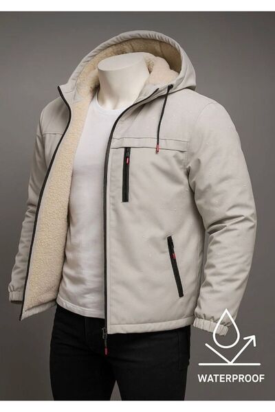 LİNORA Erkek Mont Yağmurluk Kürklü Kapşonlu EKRU
