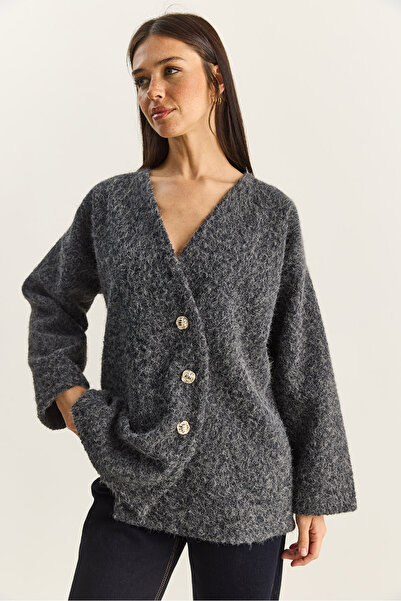 Bianco Lucci Women's V-Neck Stylish Asymmetrical Buttoned Wrinkled Cashmere Cardigan 55000 60283567