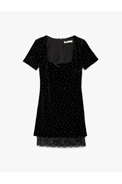 Koton Rochie de seară mini cu mâneci scurte din anii decolteu pătrat cu detaliu din dantelă din anii pernițe pentru umeri
