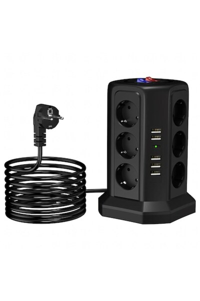 Optim Solution Vertical Power Strip with Surge Protection, 12 Outlets, 5 USB, 20x12x12 cm, Flame-retardant ABS+PC,