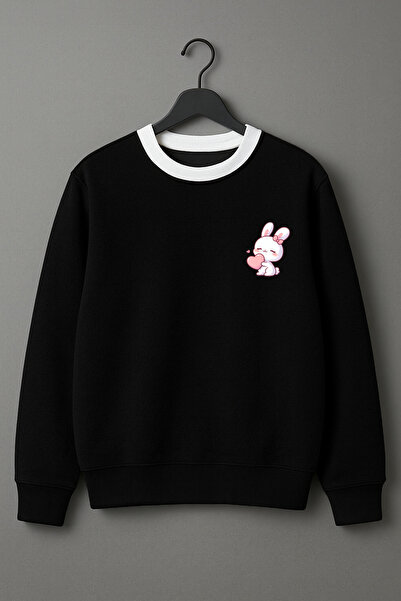 Revasser Unisex Kadın/Erkek TAVŞAN Özel Tasarım Renkli Beyaz Yaka Oversize Bi...