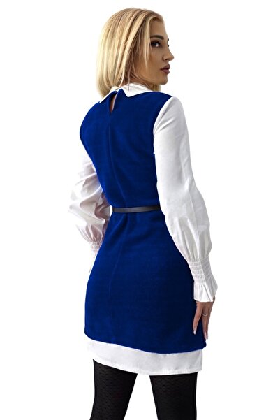 FashionForYou Rochie tip cămașă Iuliana, cu rochie de vară aplicată și perle aplicate, Albastră, Mărime S/M