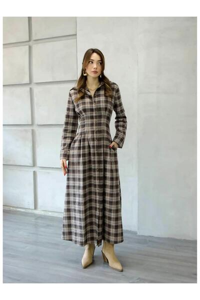 Coral Düğmeli Ekose Elbise 5229 Kahve