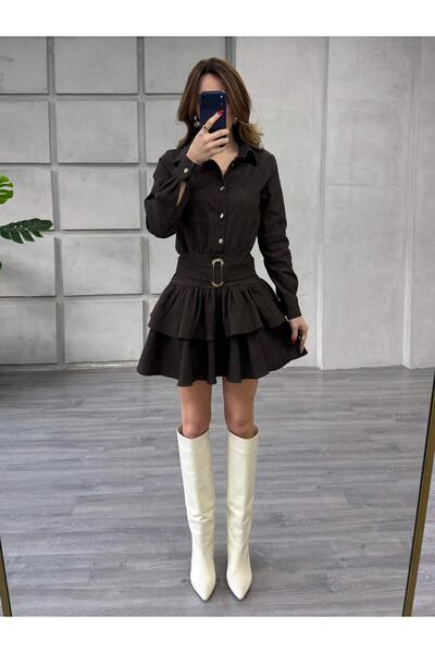 Coral Fırfırlı Kot Elbise 7542 Kahve