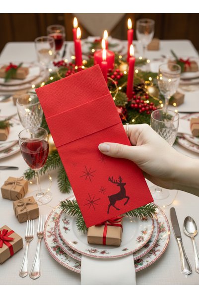 Caldium Store Printed Red Pocket Napkin New Year Printed Pack of 25