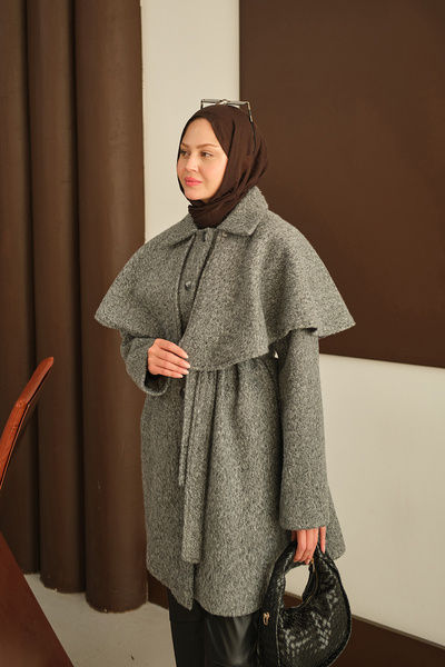 LOCCO Γυναικείο παλτό με βελούδινη κασμίρια με κάπα ώμου γκρι